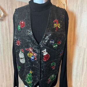 Theo Chic Black Sequin Holiday Vest Ornaments Snowman Candycane